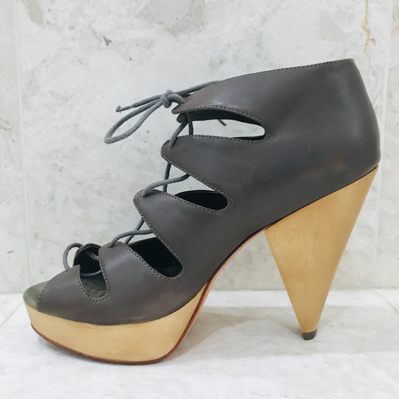 Loeffler Randall Shoes - LOEFFLER RANDALL {10} Pumps Lace-Up Gray Leather Wood Heel Platform